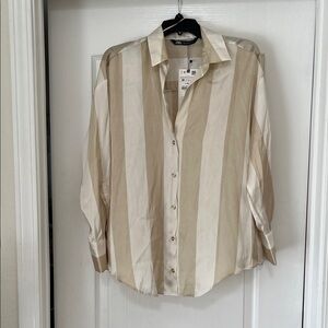 Zara Beige & Cream Vertical Stripe satin finished Button-Down Shirt, NWT, M